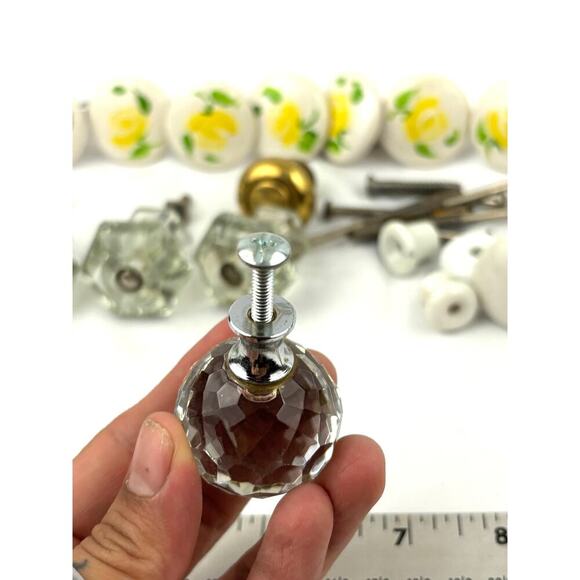 Vintage Lot of 20 Ceramic Glass Cabinet Pull Knobs Yellow Floral Clear Faceted - Picture 8 of 16